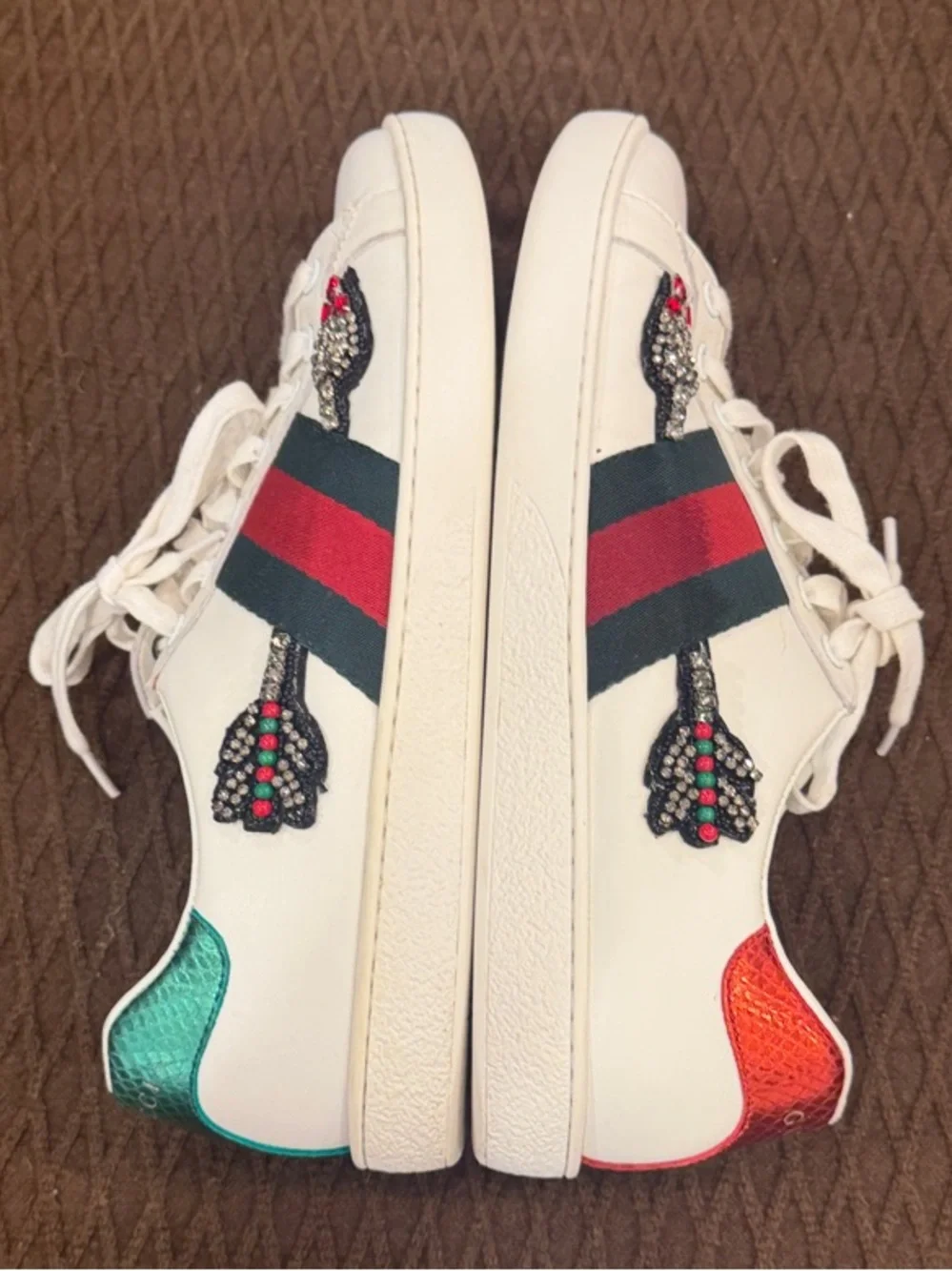 Gucci Leather Sneakers w:Green and Red Stripes and embroidered sequin arrow